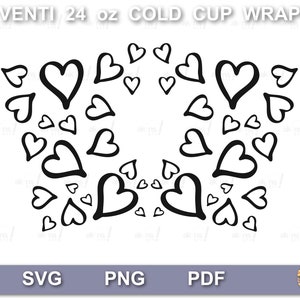 May include: Black and white printable design for a 24 ounce cold cup wrap featuring a pattern of hearts. The text "VENTI 24 oz COLD CUP WRAP" is at the top of the design.