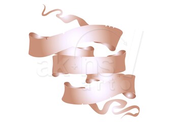 May include: Three brown ribbon banners with a faded, vintage look, curled and flowing in a decorative design.