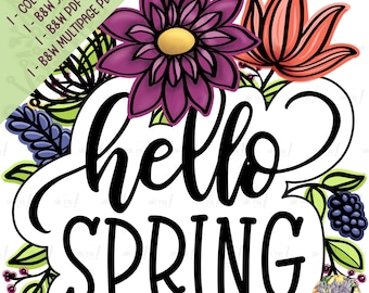 Template: Hello Spring Door Hanger Template Front Door Sign Flower Garden Welcome Digital Download Sublimation PNG Graphic Pattern Color PNG