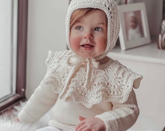 Sweater and bonnet set - Baby sweater - Baby jumper - Baby girl - Girl outfit - Merino sweater - Cream - Toddler girl - Sweater - Baby set