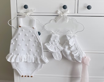 Set of 3 - Baby girl outfit - Popcorn romper - New baby girl outfit - Baby girl set - Hospital baby set - Ruffle romper - Pure white