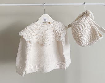 Sweater and bonnet set - Baby sweater - Baby jumper - Baby girl - Girl outfit - Merino sweater - Cream - Toddler girl - Sweater - Baby set