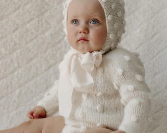 Long sleeve romper and bonnet - Popcorn romper and bonnet - Baby boy prop - Photo props - Baby photo prop - Baby unisex - Set of 2  - Cream
