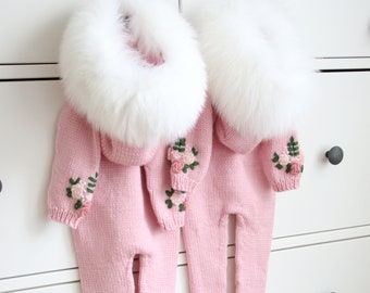 Baby girl romper with fur trim - Baby romper  - Baby girl - Long legs romper with footies - Romper with fur trim hood - Baby girl - Pink