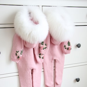 Merino Baby Romper – Pink Knit Footie, Genuine Fur Trim Hood
