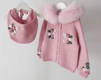 Set of 2 - Baby girl cardigan - Baby cardigan with fur trim - Embroidery - Baby jacket - Baby outwear - Pink