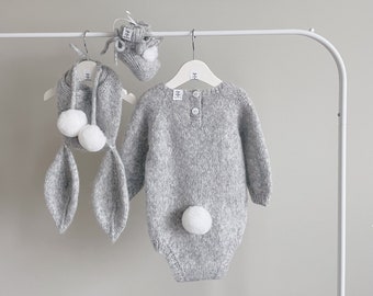 Lot de 3 - Ensemble lapin - Ensemble de Pâques - Lapin bébé fille - Lapin bébé garçon - Combi-short lapin - Ensemble lapin - Bonnet lapin - Gris