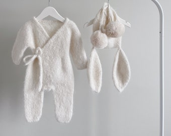 Set of 2 - Bunny baby set - Baby girl/boy set - Long legs romper and bonnet - Baby girl - Baby boy -  Baby girl/boy outfit - Cream