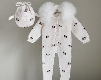 Baby girl romper with fur trim - Baby romper  - Baby girl - Long legs romper with footies - Romper with fur trim hood - Baby girl - White