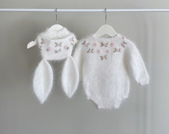 0-3 months - Set of 2 - Bunny outfit - Easter outfit - Bunny set - Baby girl bunny - Bunny romper - Bunny set - Cream angora - Bunny bonnet