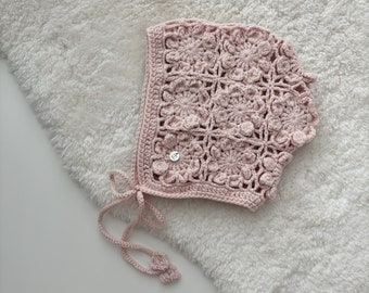 12-24 months - Baby girl crochet bonnet - Baby bonnet girl - Flower crochet bonnet - Baby girl bonnet - Summer bonnet - Girl bonnet - Cream
