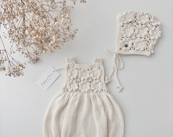 Ready to ship - 3-6 months - Set of 2 - Baby girl romper - Summer romper - Romper and bonnet set - Sleeveless romper - Baby girl