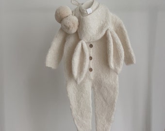 Custom order for Ismahani ( cream romper bonnet and bunny booties 0-3 months)