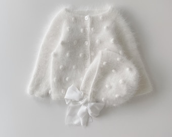 Set of 2 - Baby popcorn cardigan and bonnet - Popcorn cardigan - Baby girl  - Photography - Milky white cardigan - Baby cardigan