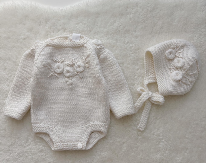 Featured listing image: Set of 2 - Long sleeve romper and bonnet - Baby girl prop - Photo props - Baby photo prop - Baby girl - Baby outfit - Baby girl outfit