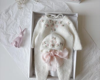 Set of 2 - Long legs romper and bonnet  - Baby girl - Photo props - Baby girl - Baby flower set - Baby girl outfit
