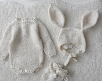 Cream alpaca romper bunny bonnet and bunny booties - Set of 3 - Photography props