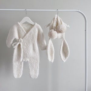 Set van 2 - babyset konijn - set babymeisjes/jongens - romper met lange pijpen en muts - babymeisje - babyjongen - outfit babymeisje/jongen - crème