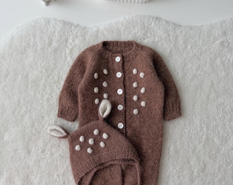 Ensemble barboteuse et bonnet en laine mérinos 0-3 mois en laine de cerf – Tenue de Noël pour bébé