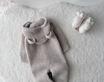 0-3 months Baby Alpaca Knit Bear Romper – Handmade Outfit
