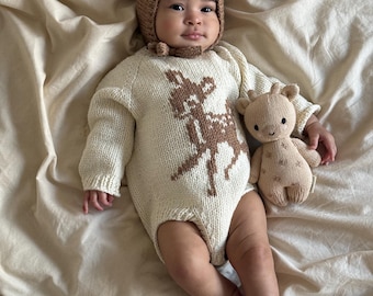 Merino Wool Baby Romper and Bonnet Set – Deer Outfit
