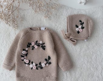 3-6 Months - Hand Knitted Merino Baby Romper and Bonnet Set – Floral Embroidery