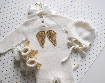 Set of 3 - Baby boy angel set - Long legs romper - Baby boy outfit - Baby boy - White outfit for boy - Baby boy angel set - Baby booties