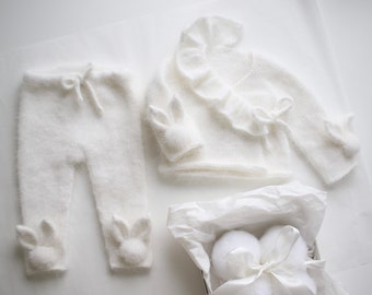 Set of 2 - Bunny outfit - Easter outfit - Bunny set - Baby girl bunny - Baby bunny pants - Bunny sweater - Milky white - Bunny outfit