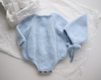 Set of 2 - Romper and pixie bonnet - Long sleeve romper - Baby boy props - Baby boy onesies - Baby photo - Sitter baby photo - Pale blue