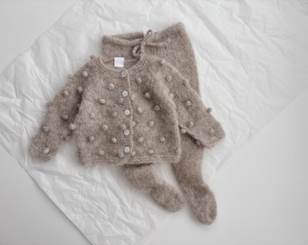 Set of 2 - Baby cardigan - Sitter baby - Sitter cardigan - Popcorn cardigan - Baby panties - Stone colour - Popcorn cardigan and panties