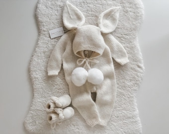 Bunny romper bonnet booties - Set of 3 - Easter outfit - Bunny set - Baby boy outfit - Baby boy bunny - Bunny romper - Bunny set