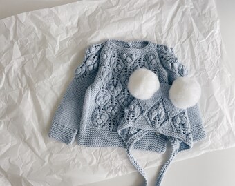 6-9 months - Sweater and bonnet set - Baby sweater - Baby jumper - Baby boy - Baby boy - Merino sweater - Blue - Toddler sweater