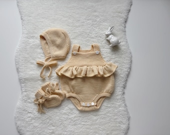 Set of 3 - Ruffle romper - Bunny footies - Baby bonnet - Photo prop - New baby girl - Baby photo - Yellow - Baby girl outfit - Bunny booties
