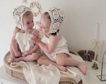 Baby girl crochet bonnet - Baby bonnet girl - Flower crochet bonnet - Baby girl bonnet - Summer bonnet - Summer girl bonnet - Cream