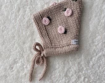 Embroidered Merino Baby Bonnet – Newborn Photography Prop