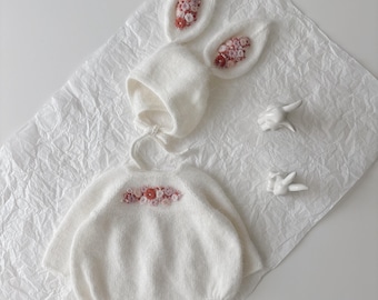 Angora romper and bunny bonnet - Set of 2 - Long sleeve romper - Baby girl props - Photo props - Sitter girl - Baby photo - Embroidery