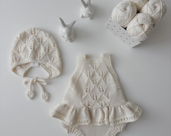 Ready to ship - 0-3 months - Set of 2 - Baby girl romper - Summer romper - Romper and bonnet set - Sleeveless romper - Baby outfit - Cream