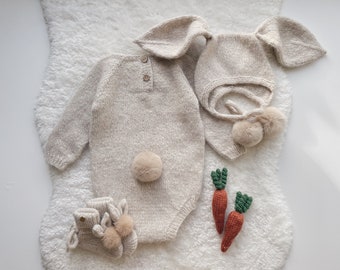 Bunny outfit - Easter outfit - Bunny set - Baby boy outfit - Baby boy bunny - Bunny romper - Bunny set - Bunny bonnet - Beige