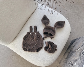 Set of 3 - Bunny outfit - Easter outfit - Bunny set - Baby girl bunny - Baby boy bunny - Bunny romper - Bunny set - Brown - Bunny bonnet