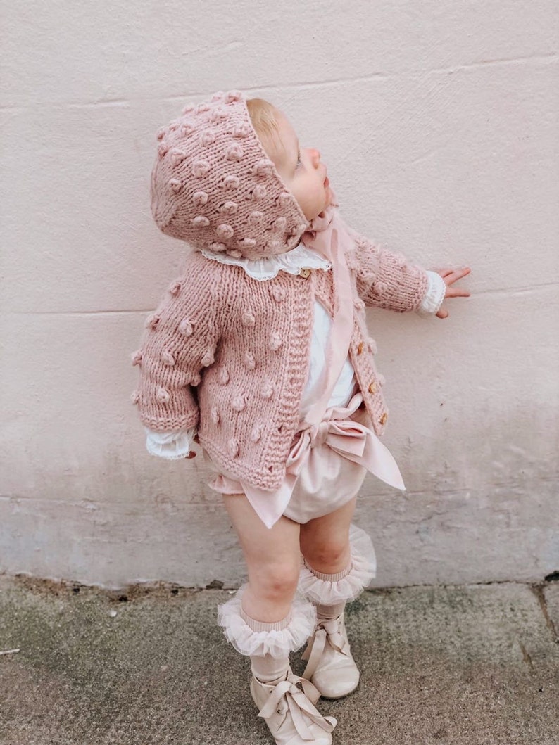 Dusty pink cardigan Popcorn cardigan Photography props Baby cardigan Popcorn bonnet Baby Popcorn cardigan Sitter Baby girl