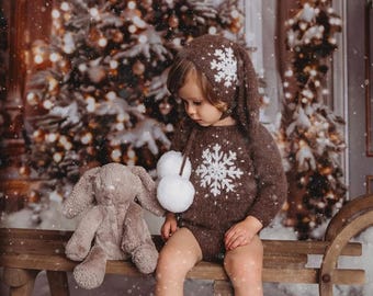 Set of 2 - Bunny outfit - Christmas outfit - Bunny set - Baby boy outfit - Baby boy bunny - Bunny romper - Bunny set - Bunny bonnet - Brown