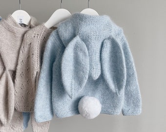 9-12 months - Baby boy cardigan - Baby boy bunny - Bunny cardigan - Angora cardigan - Baby boy outfit - Baby knitwear - Sky blue