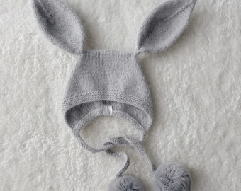 Angora Baby Bunny Bonnet - Rabbit Fur Pom Poms, 0-3 Months