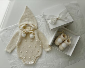Set of 3 - Baby girl outfit - Popcorn romper - New baby girl romper - Baby girl set - Hospital baby set - Baby romper set - Elf bonnet