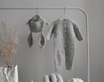 Alpaca Silk Knit Bunny Outfit (0-3 Months) - Romper & Bonnet