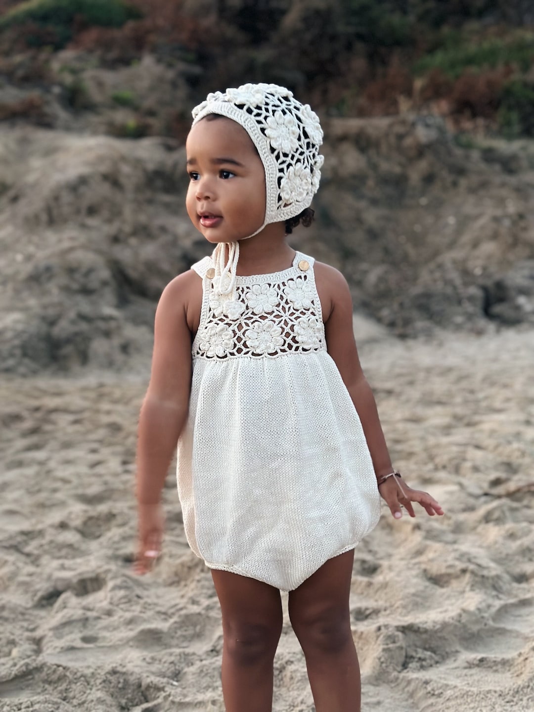 Baby Girl Cream Romper and Bonnet Set – Cotton Blend Summer Outfit