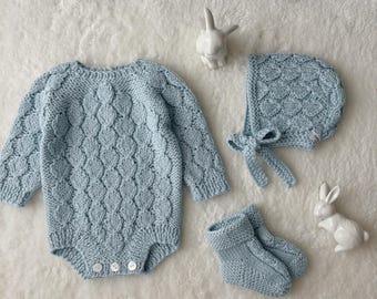 Set of 3 - Baby boy romper bonnet and socks - Toddler boy - Toddler bonnet - Sitter romper - Baby boy set - Romper and bonnet - Blue