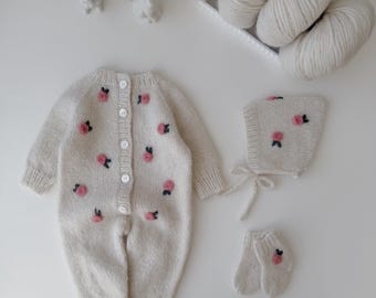 Alpaca Knit Set – Romper Bonnet and Booties with embroidery