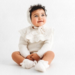 Conjunto de 2 - Pelele de manga larga y gorro - Accesorio para bebé niña - Accesorios para fotos - Accesorio para fotos de bebé - Bebé niña - Bebé niña - Conjunto para bebé niña - Blanco