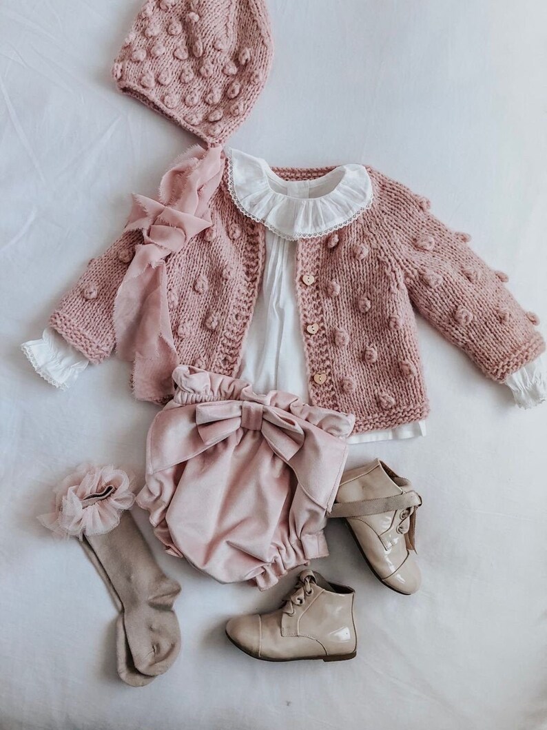 Dusty pink cardigan Popcorn cardigan Photography props Baby cardigan Popcorn bonnet Baby Popcorn cardigan Sitter Baby girl